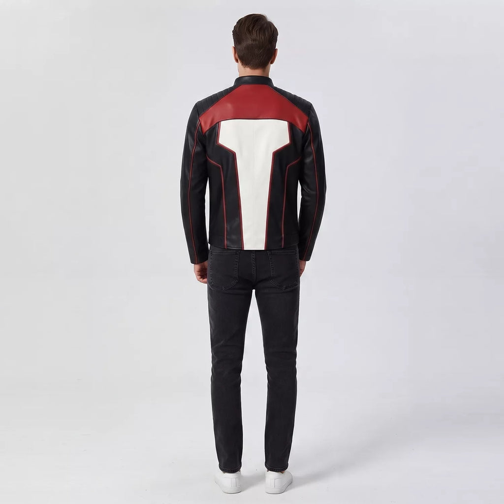 Men’s Black White Red Leather Moto Jacket | Cropped Racing Style Jacket
