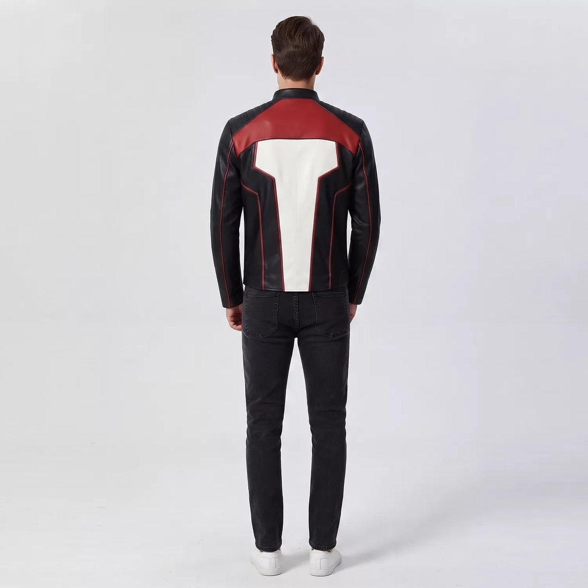 Men’s Black White Red Leather Moto Jacket | Cropped Racing Style Jacket