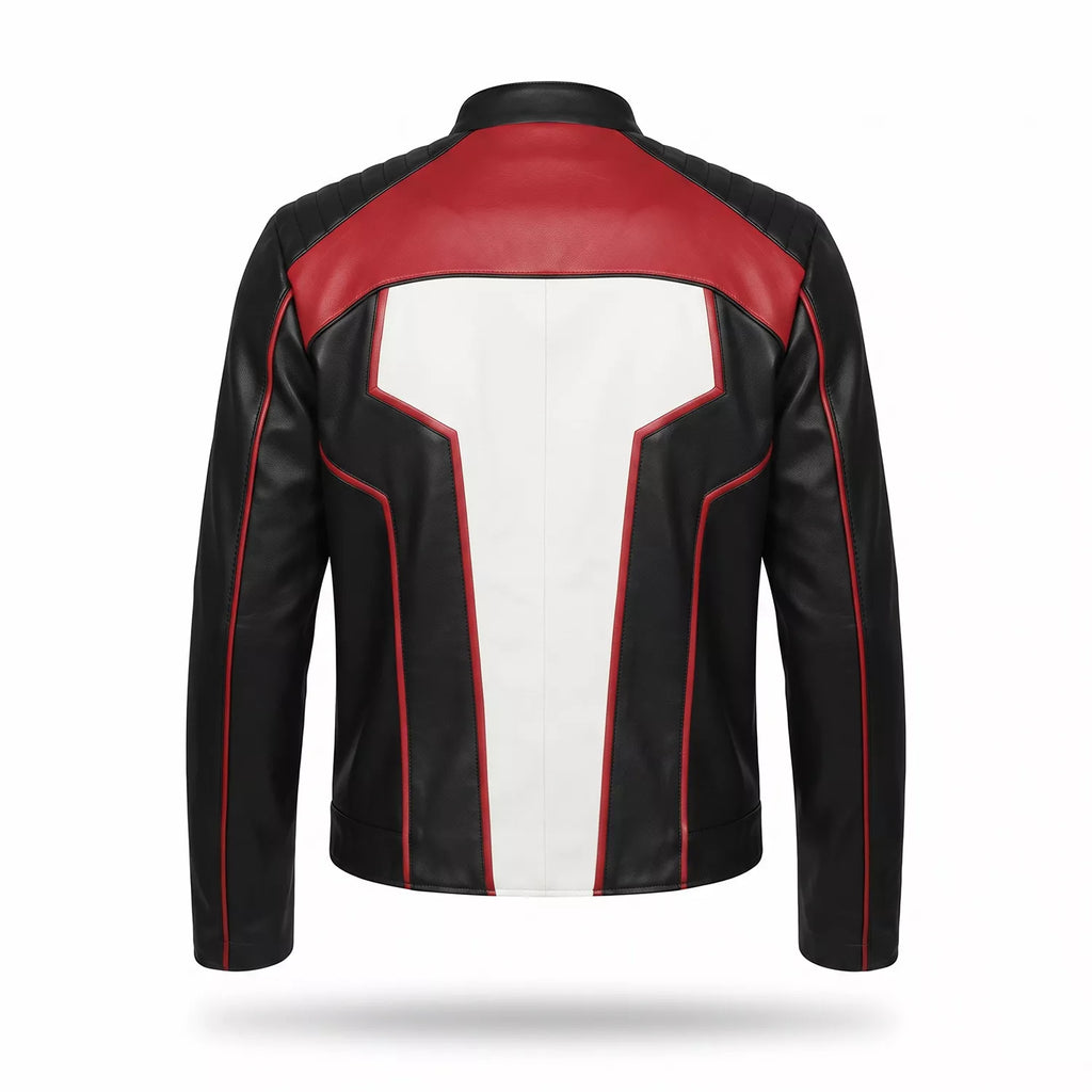 Men’s Black White Red Leather Moto Jacket | Cropped Racing Style Jacket