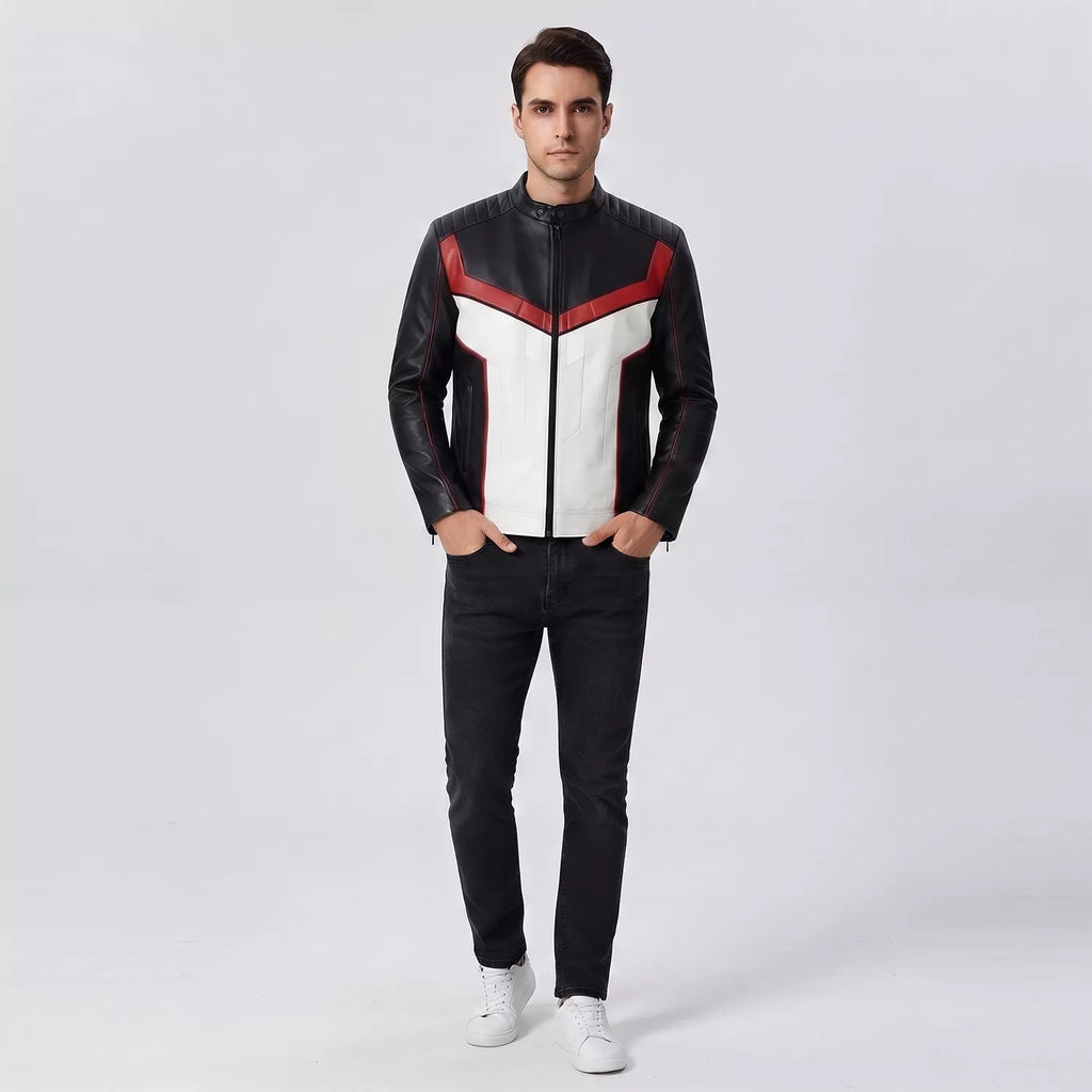 Men’s Black White Red Leather Moto Jacket | Cropped Racing Style Jacket