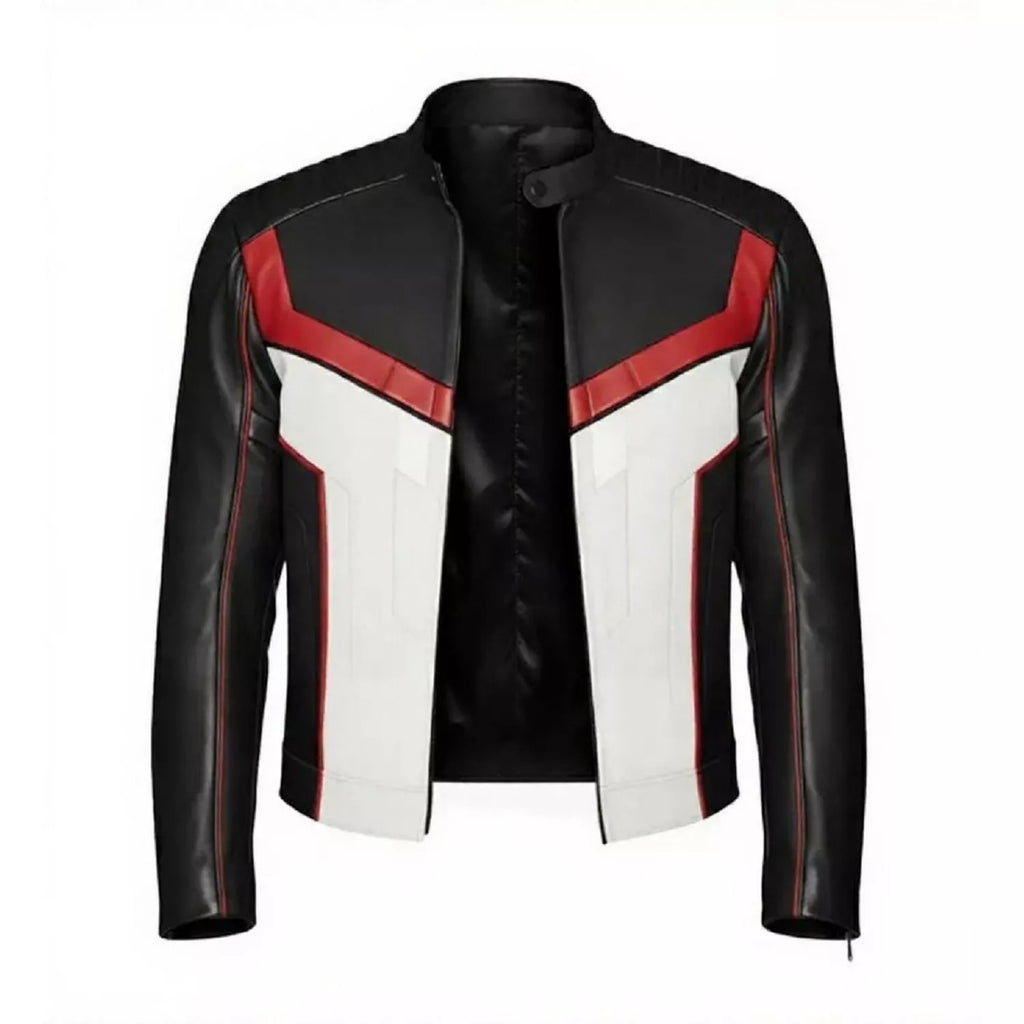 Men’s Black White Red Leather Moto Jacket | Cropped Racing Style Jacket