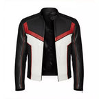 Men’s Black White Red Leather Moto Jacket | Cropped Racing Style Jacket