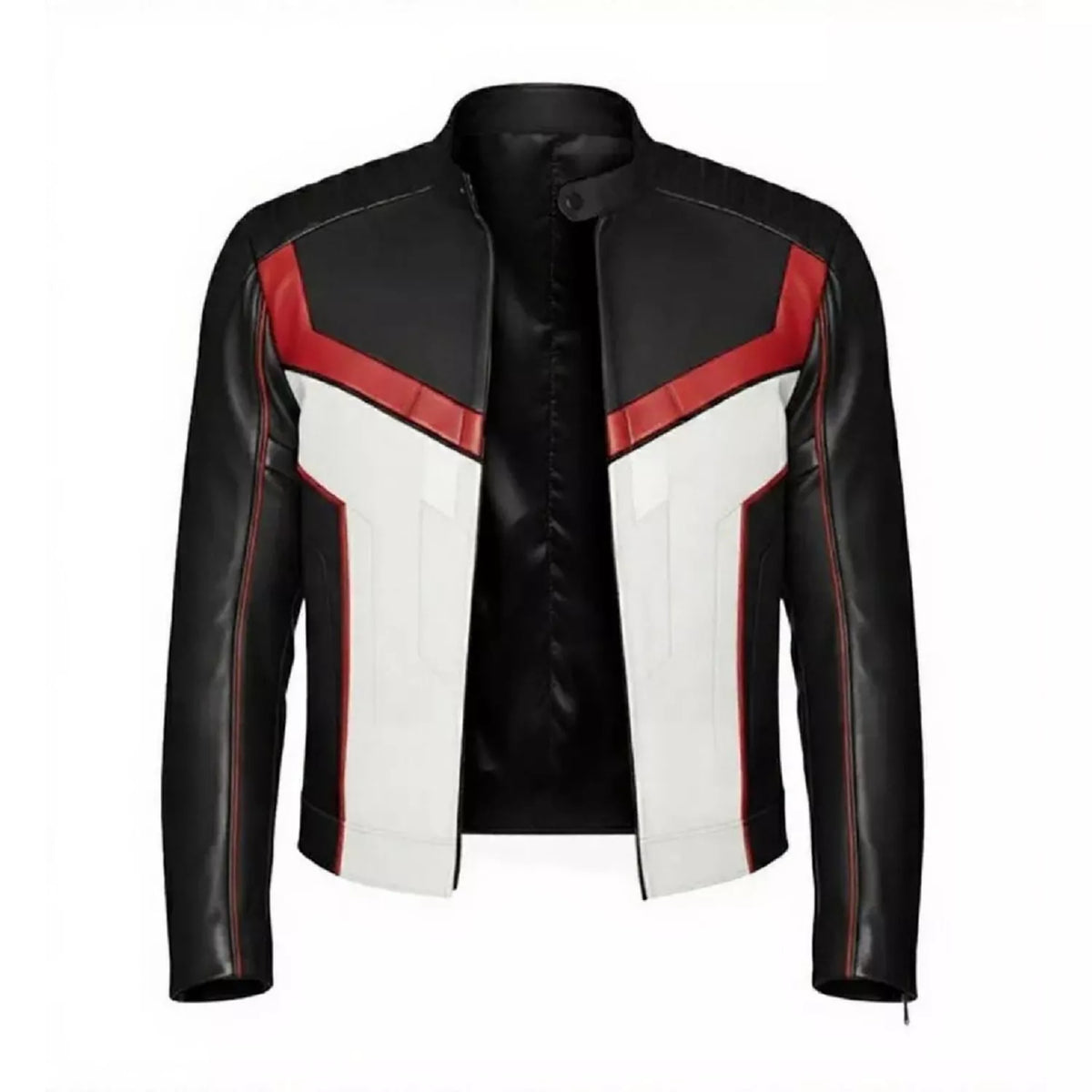 Men’s Black White Red Leather Moto Jacket | Cropped Racing Style Jacket