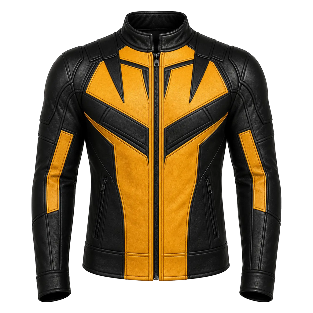 Men’s Black Yellow Leather Moto Jacket  Stylish Zip-Up Biker Jacket