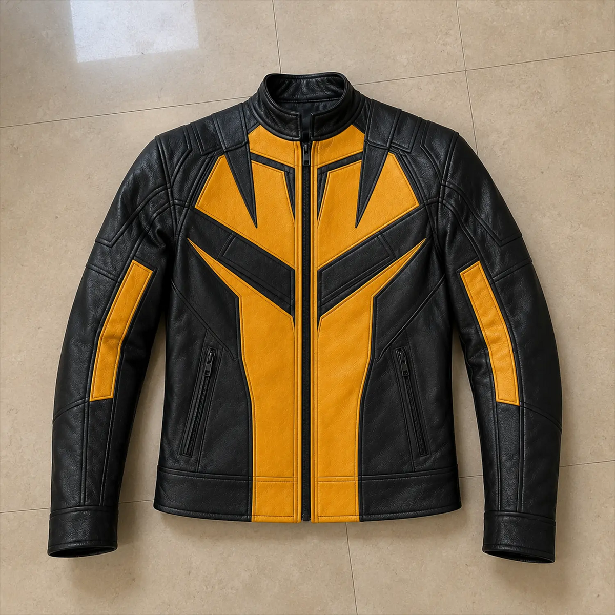 Men’s Black Yellow Leather Moto Jacket  Stylish Zip-Up Biker Jacket