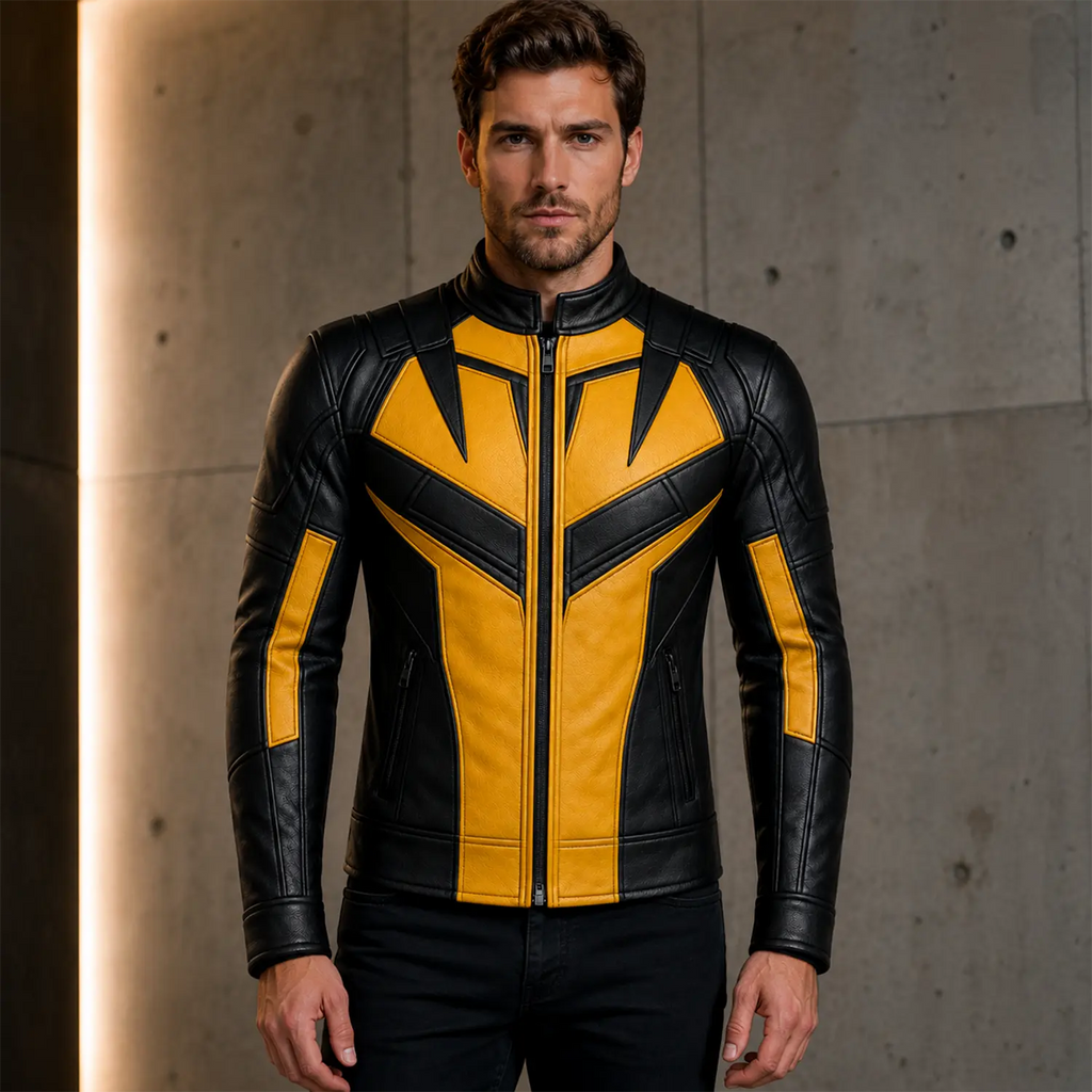 Men’s Black Yellow Leather Moto Jacket  Stylish Zip-Up Biker Jacket