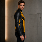 Men’s Black Yellow Leather Moto Jacket  Stylish Zip-Up Biker Jacket