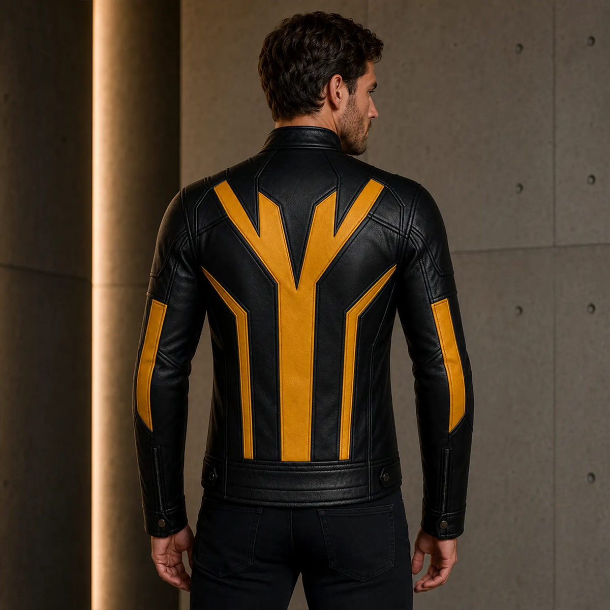Men’s Black Yellow Leather Moto Jacket  Stylish Zip-Up Biker Jacket