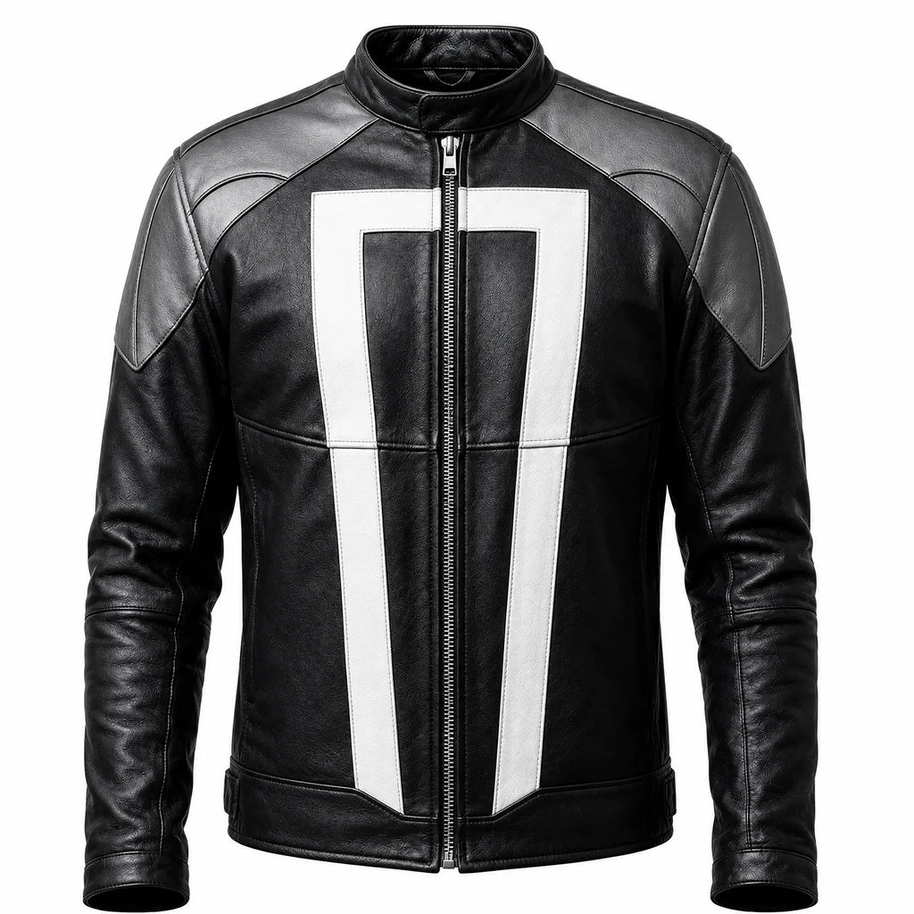 Men’s Black & White Racing Leather Jacket | Ghost Rider Inspired Motorcycle Cosplay Jacket
