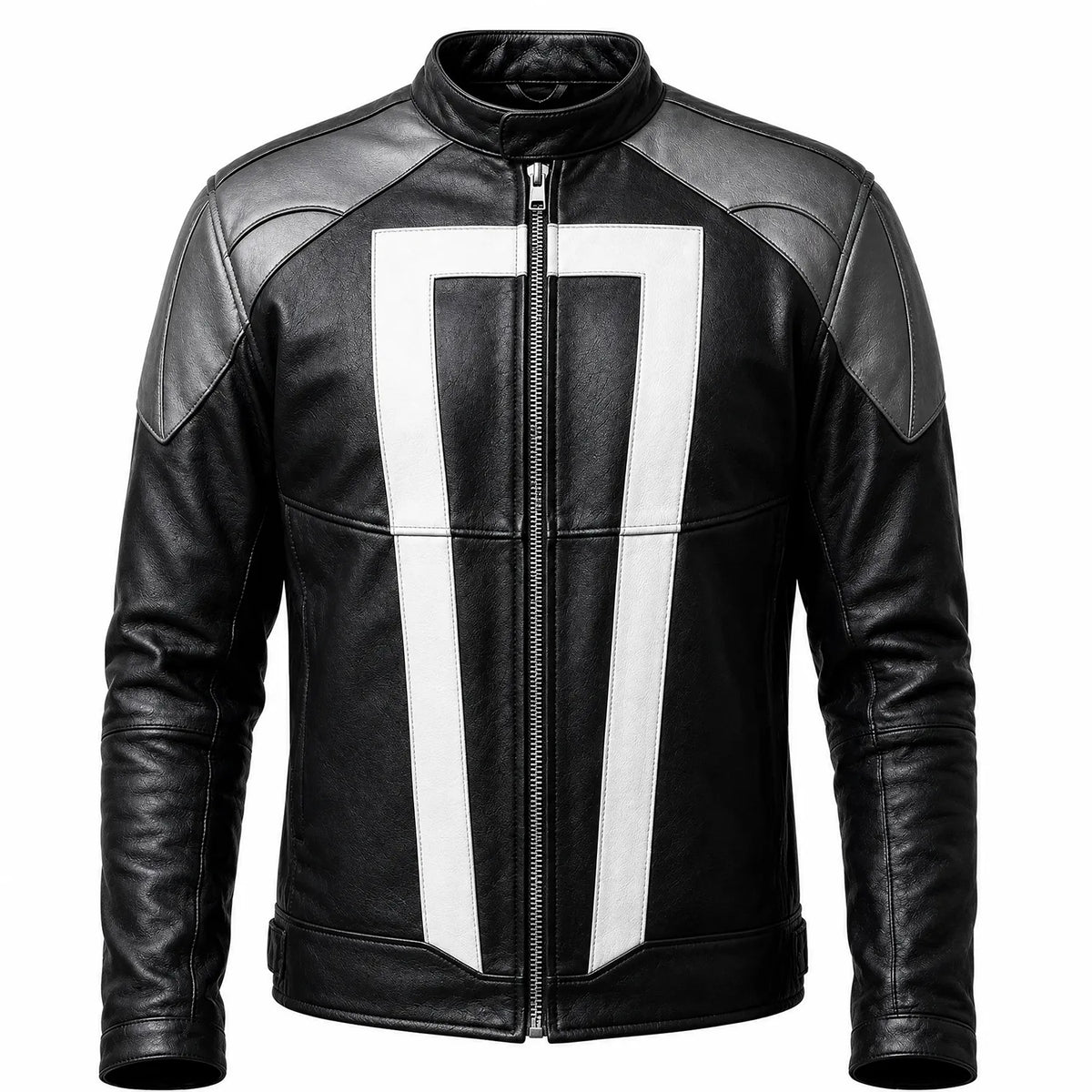 Men’s Black & White Racing Leather Jacket | Ghost Rider Inspired Motorcycle Cosplay Jacket