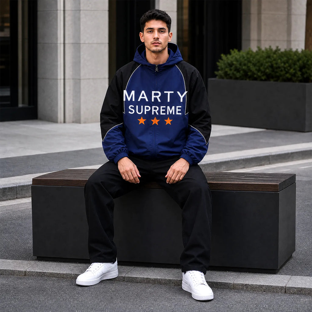 Men’s Blue Hooded Racing Jacket | Retro Supreme Inspired Windbreaker Style