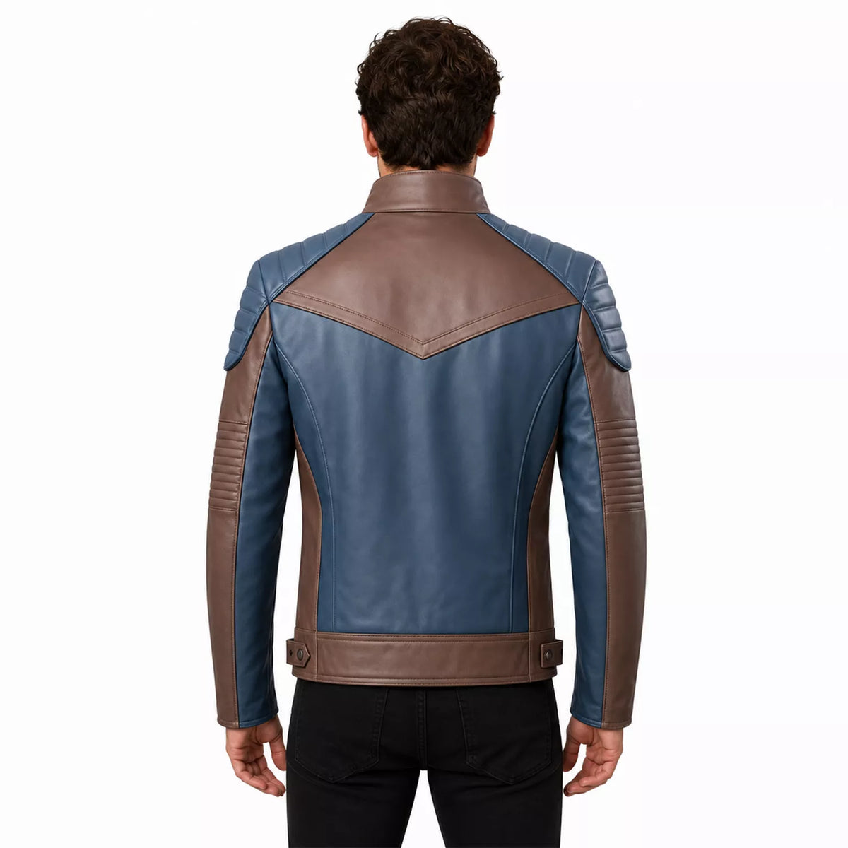 Men’s Blue and Taupe Leather Biker Jacket | Modern Moto Zip Jacket