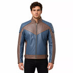 Men’s Blue and Taupe Leather Biker Jacket | Modern Moto Zip Jacket