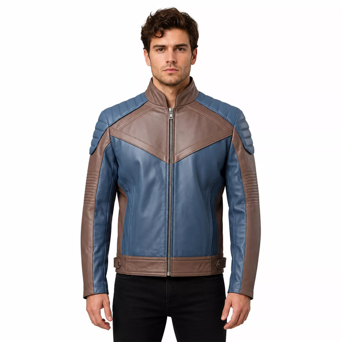 Men’s Blue and Taupe Leather Biker Jacket | Modern Moto Zip Jacket