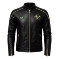 Men’s Brazil-Inspired Black Leather Biker Jacket – Café Racer Jacket with Gold Zipper Details