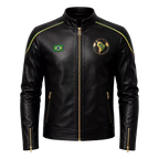 Men’s Brazil-Inspired Black Leather Biker Jacket – Café Racer Jacket with Gold Zipper Details