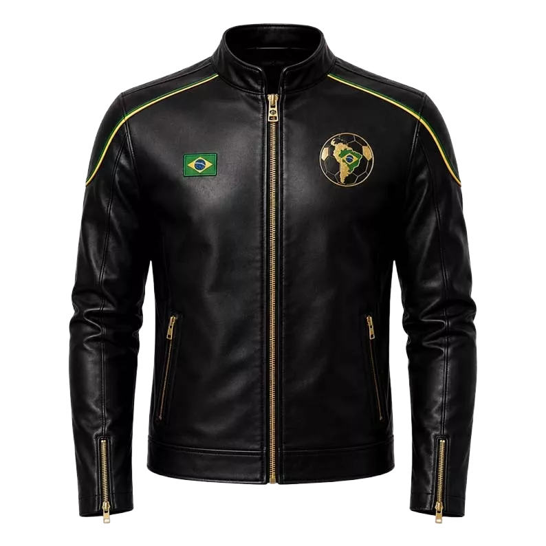 Men’s Brazil-Inspired Black Leather Biker Jacket – Café Racer Jacket with Gold Zipper Details