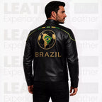 Men’s Brazil-Inspired Black Leather Biker Jacket – Café Racer Jacket with Gold Zipper Details