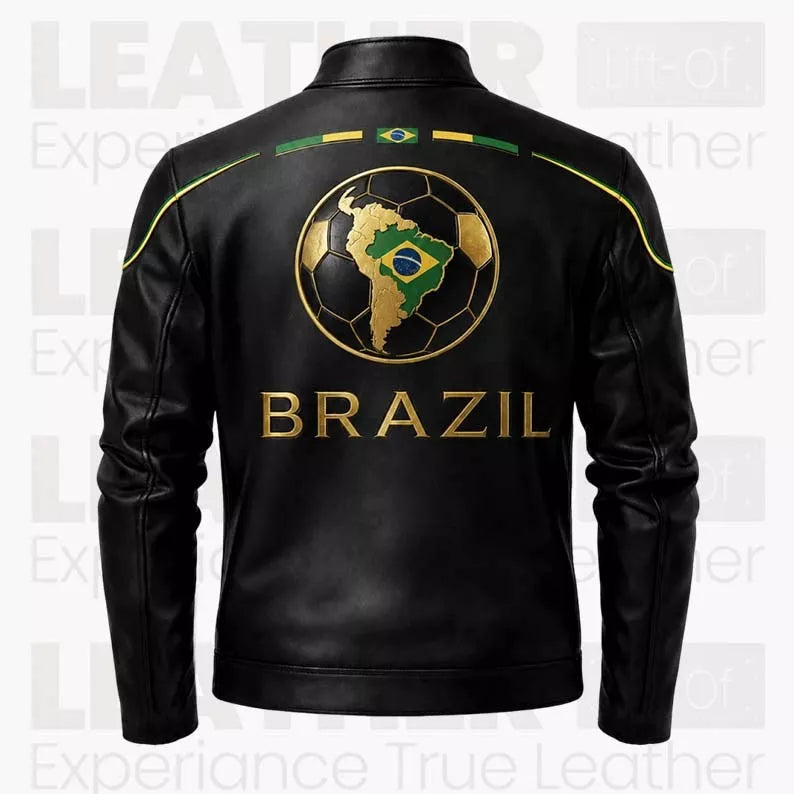 Men’s Brazil-Inspired Black Leather Biker Jacket – Café Racer Jacket with Gold Zipper Details