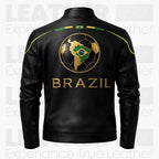 Men’s Brazil-Inspired Black Leather Biker Jacket – Café Racer Jacket with Gold Zipper Details