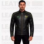 Men’s Brazil-Inspired Black Leather Biker Jacket – Café Racer Jacket with Gold Zipper Details