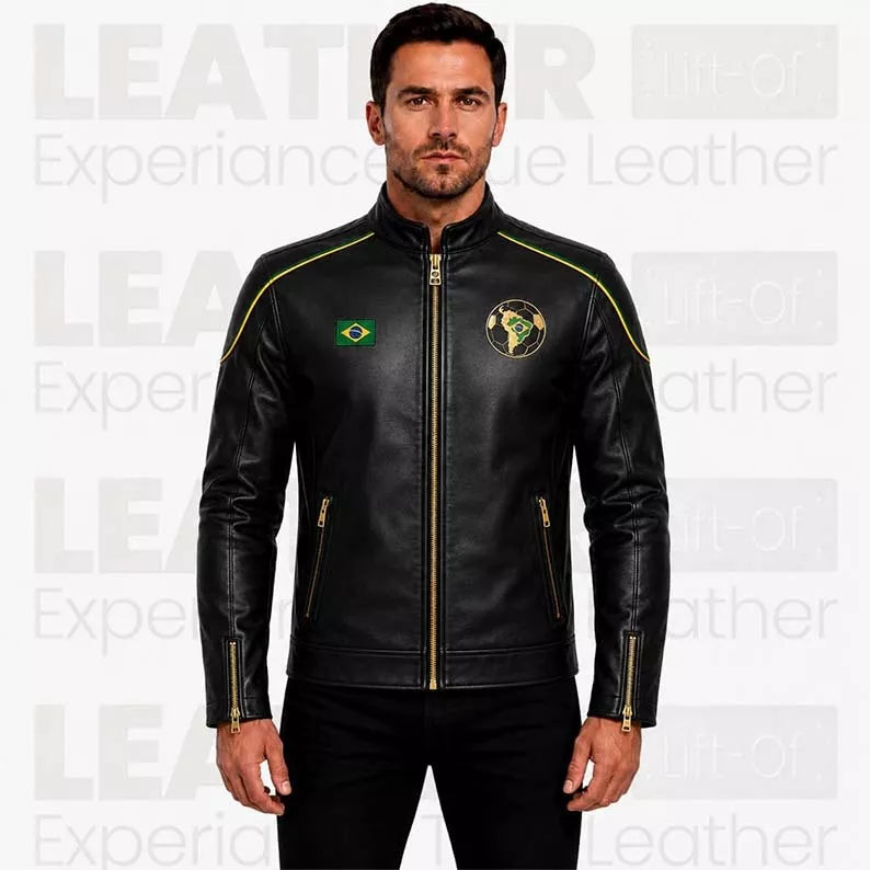 Men’s Brazil-Inspired Black Leather Biker Jacket – Café Racer Jacket with Gold Zipper Details
