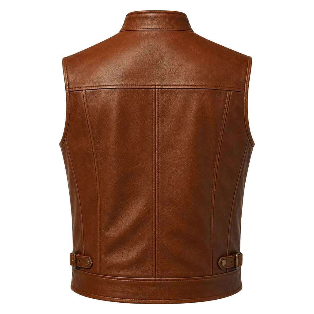 Men’s Brown Leather Waistcoat | Zip Front Biker Vest