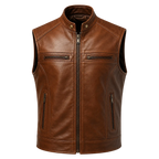 Men’s Brown Leather Waistcoat | Zip Front Biker Vest