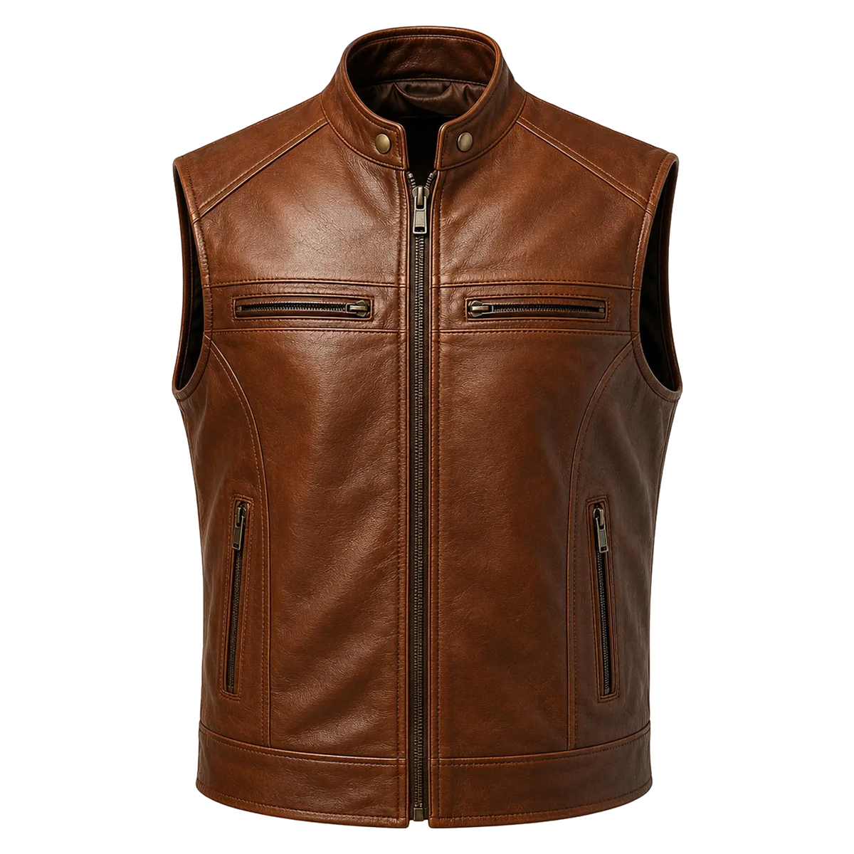 Men’s Brown Leather Waistcoat | Zip Front Biker Vest
