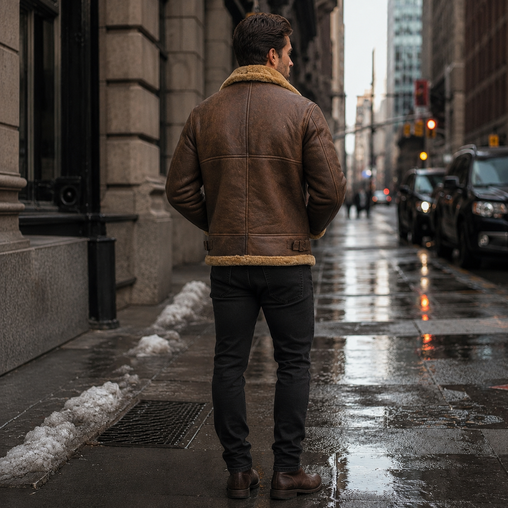 Men's Brown RAF Shearling Leather Jacket | Faux Sheepskin Lined Winter Coat