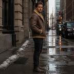Men's Brown RAF Shearling Leather Jacket | Faux Sheepskin Lined Winter Coat