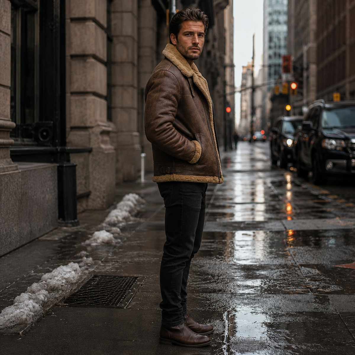 Men's Brown RAF Shearling Leather Jacket | Faux Sheepskin Lined Winter Coat