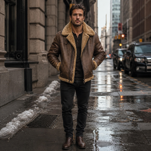 Men's Brown RAF Shearling Leather Jacket | Faux Sheepskin Lined Winter Coat