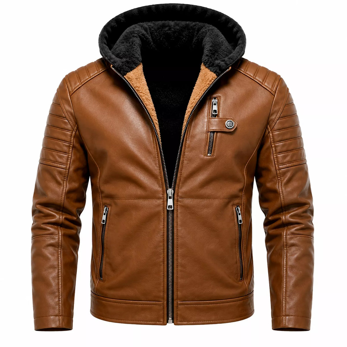 Men’s Brown Sherpa-Lined Leather Jacket | Hooded Biker Style
