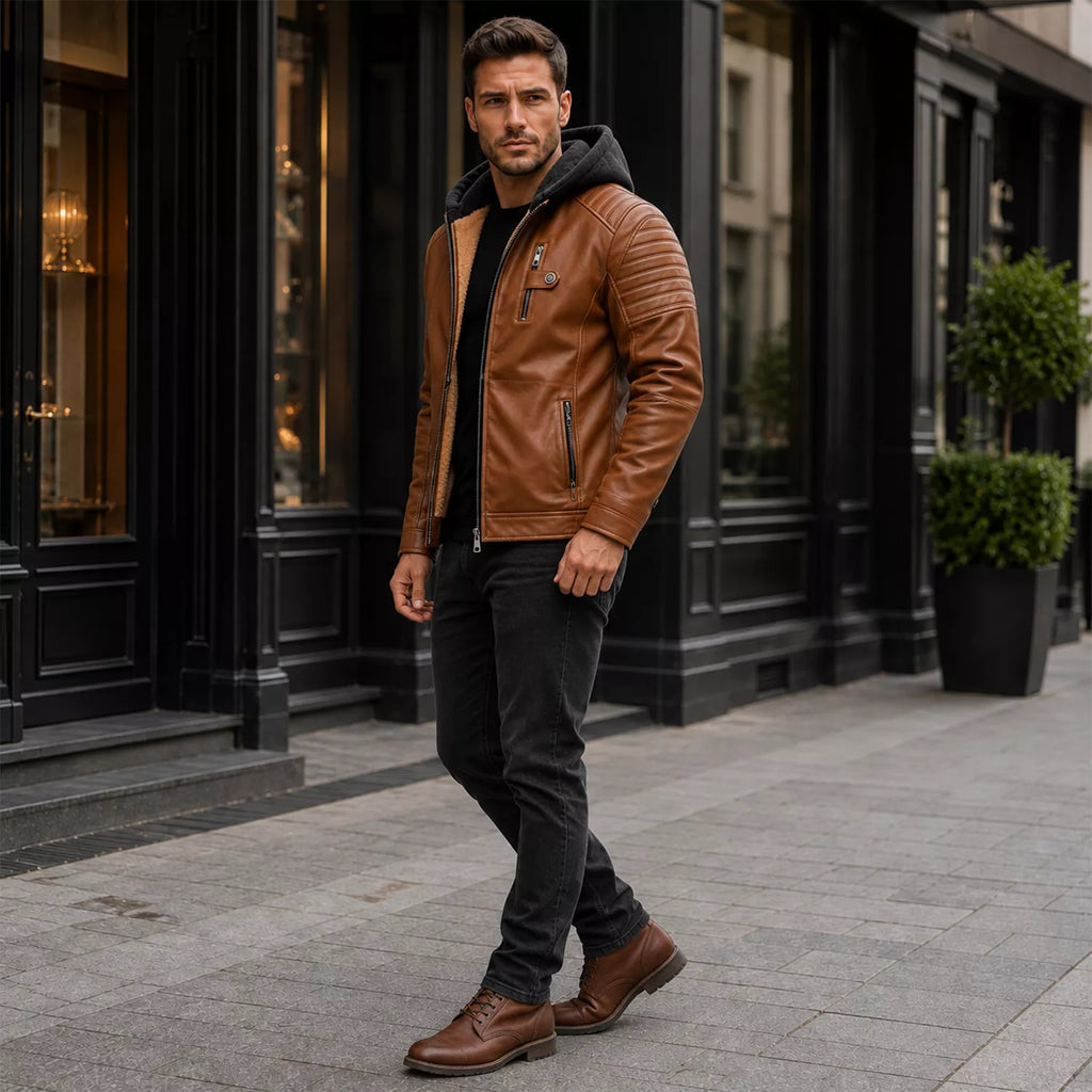 Men’s Brown Sherpa-Lined Leather Jacket | Hooded Biker Style