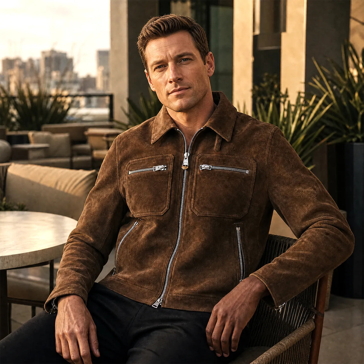 Men’s Brown Suede Jacket | Premium Leather Zip Up Jacket with Pockets
