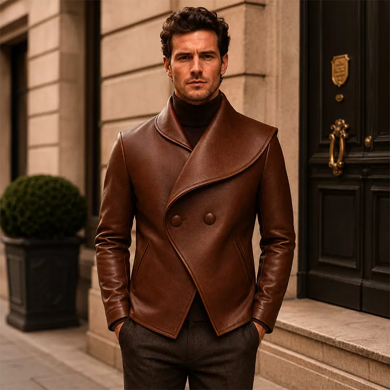Men’s Wrap Leather Jacket | Asymmetric Button Front Blazer Style Coat