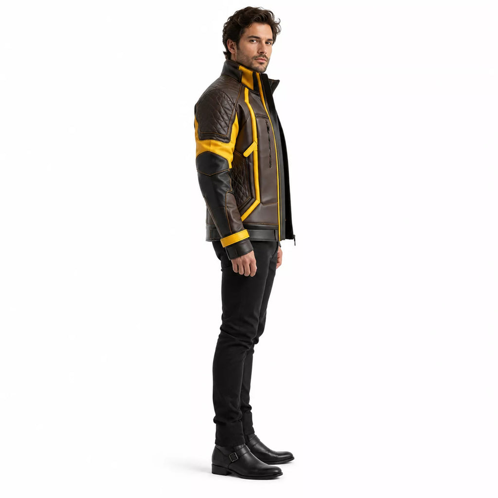 Men’s Brown Yellow Leather Moto Jacket | High Collar Biker Style Jacket