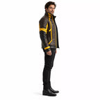 Men’s Brown Yellow Leather Moto Jacket | High Collar Biker Style Jacket