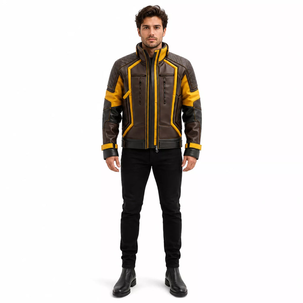 Men’s Brown Yellow Leather Moto Jacket | High Collar Biker Style Jacket