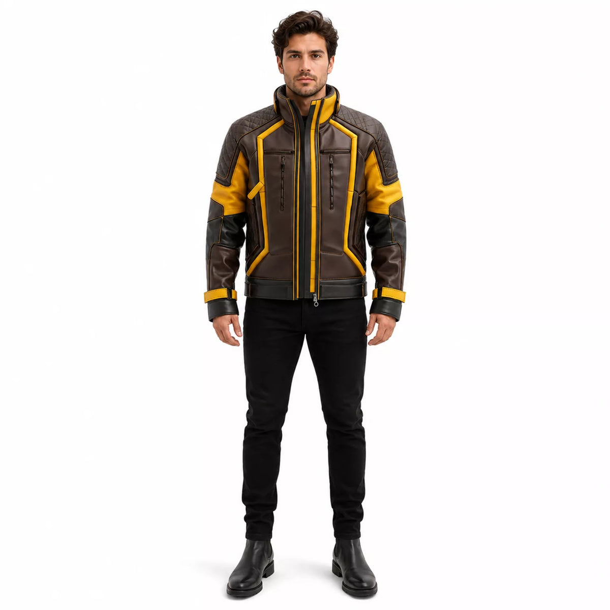 Men’s Brown Yellow Leather Moto Jacket | High Collar Biker Style Jacket