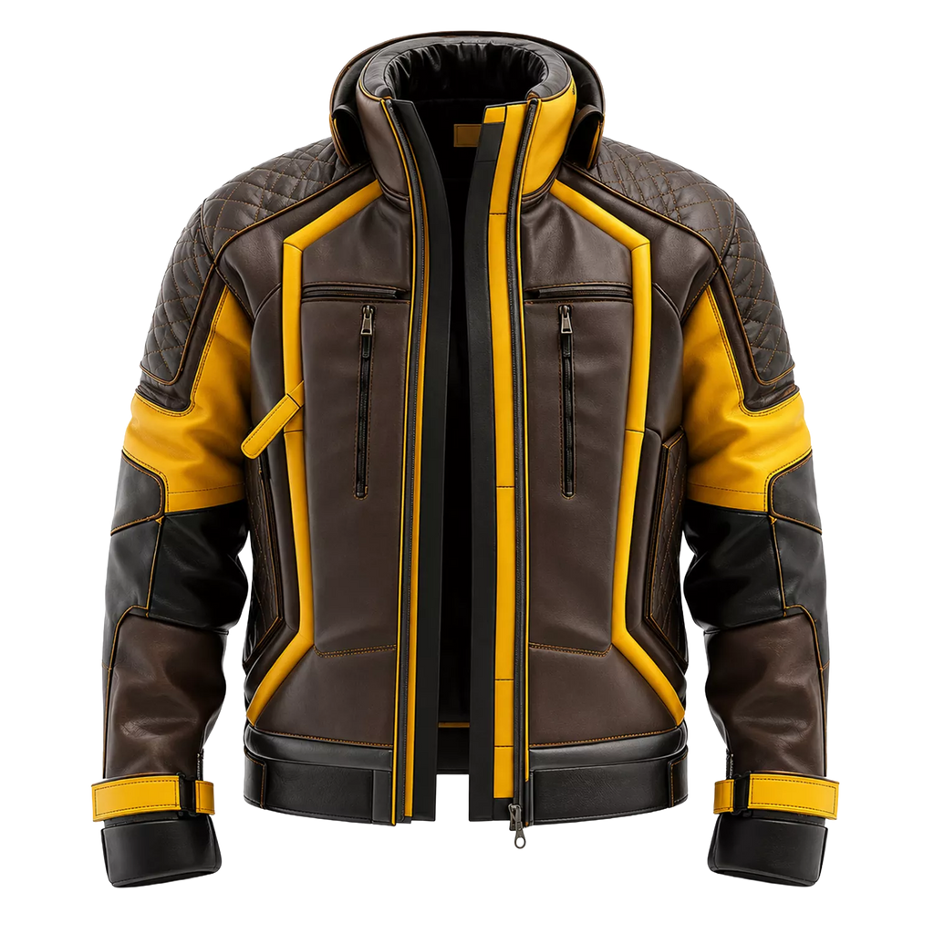 Men’s Brown Yellow Leather Moto Jacket | High Collar Biker Style Jacket