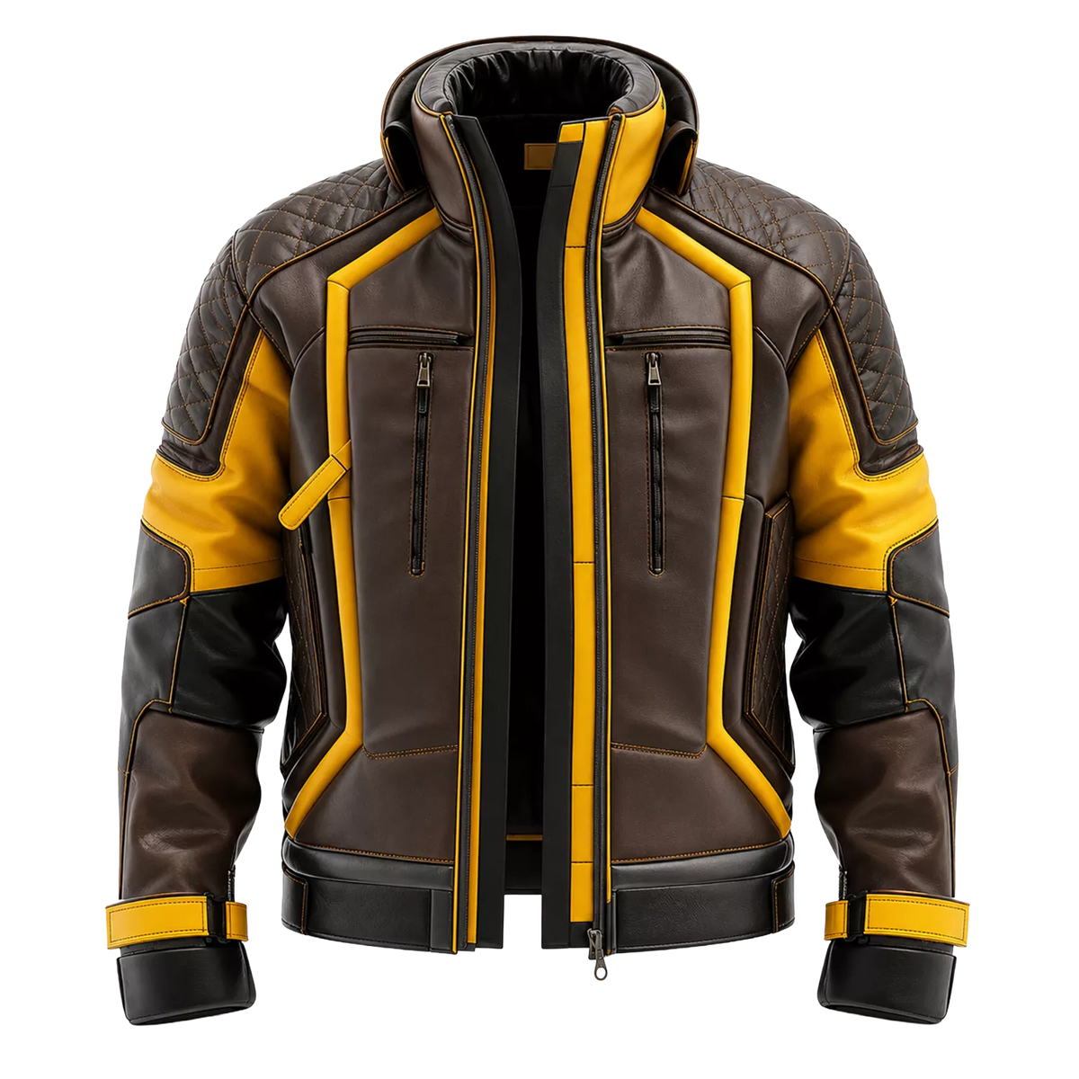 Men’s Brown Yellow Leather Moto Jacket | High Collar Biker Style Jacket