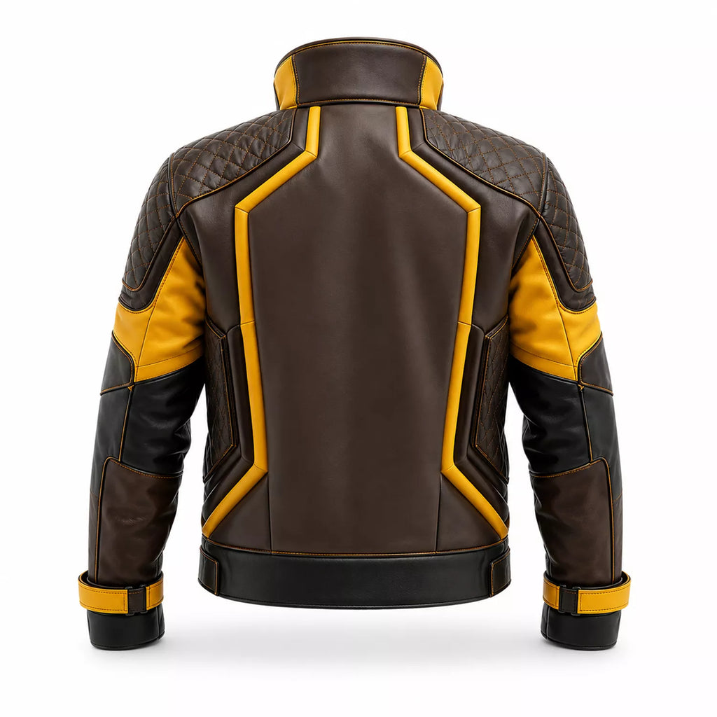 Men’s Brown Yellow Leather Moto Jacket | High Collar Biker Style Jacket