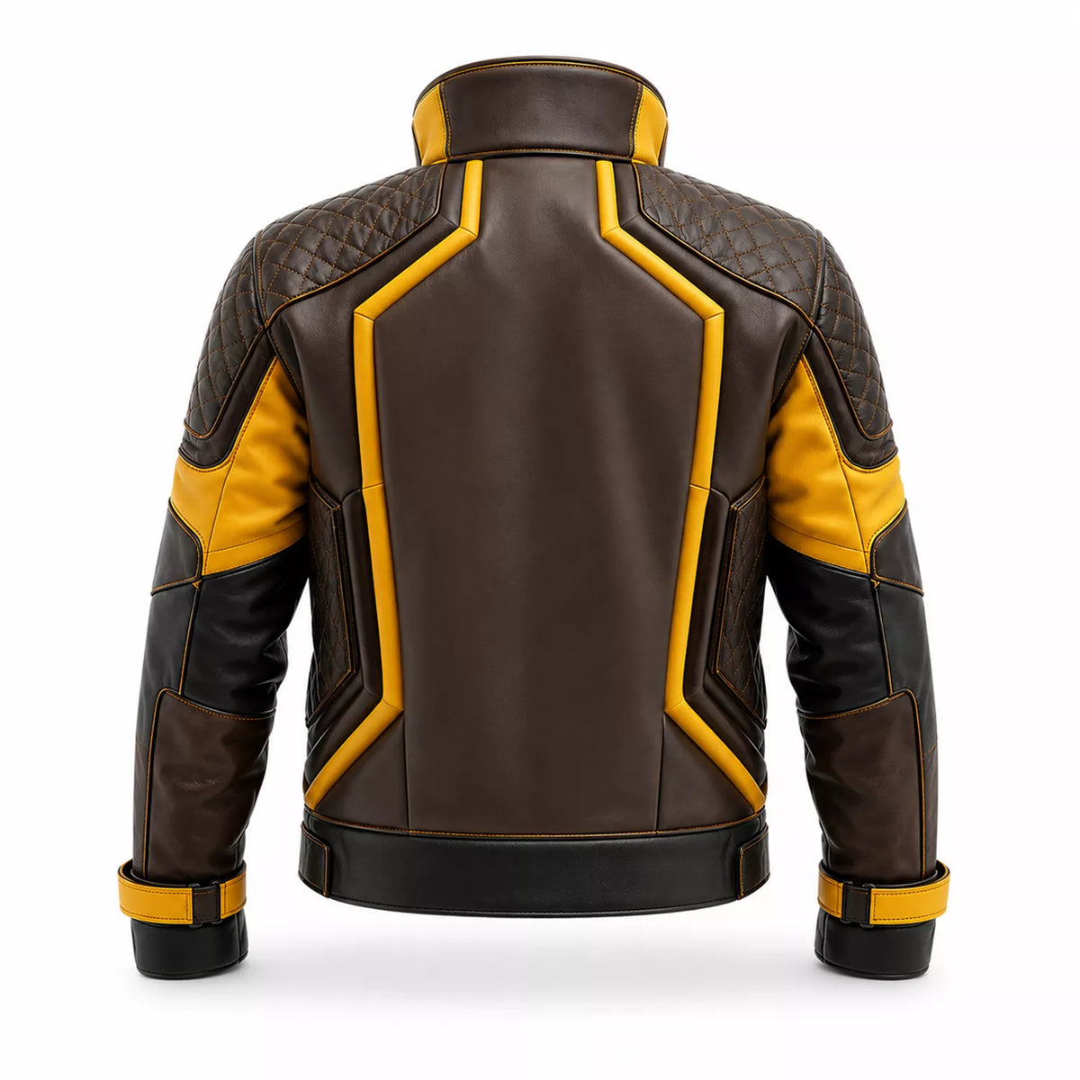 Men’s Brown Yellow Leather Moto Jacket | High Collar Biker Style Jacket