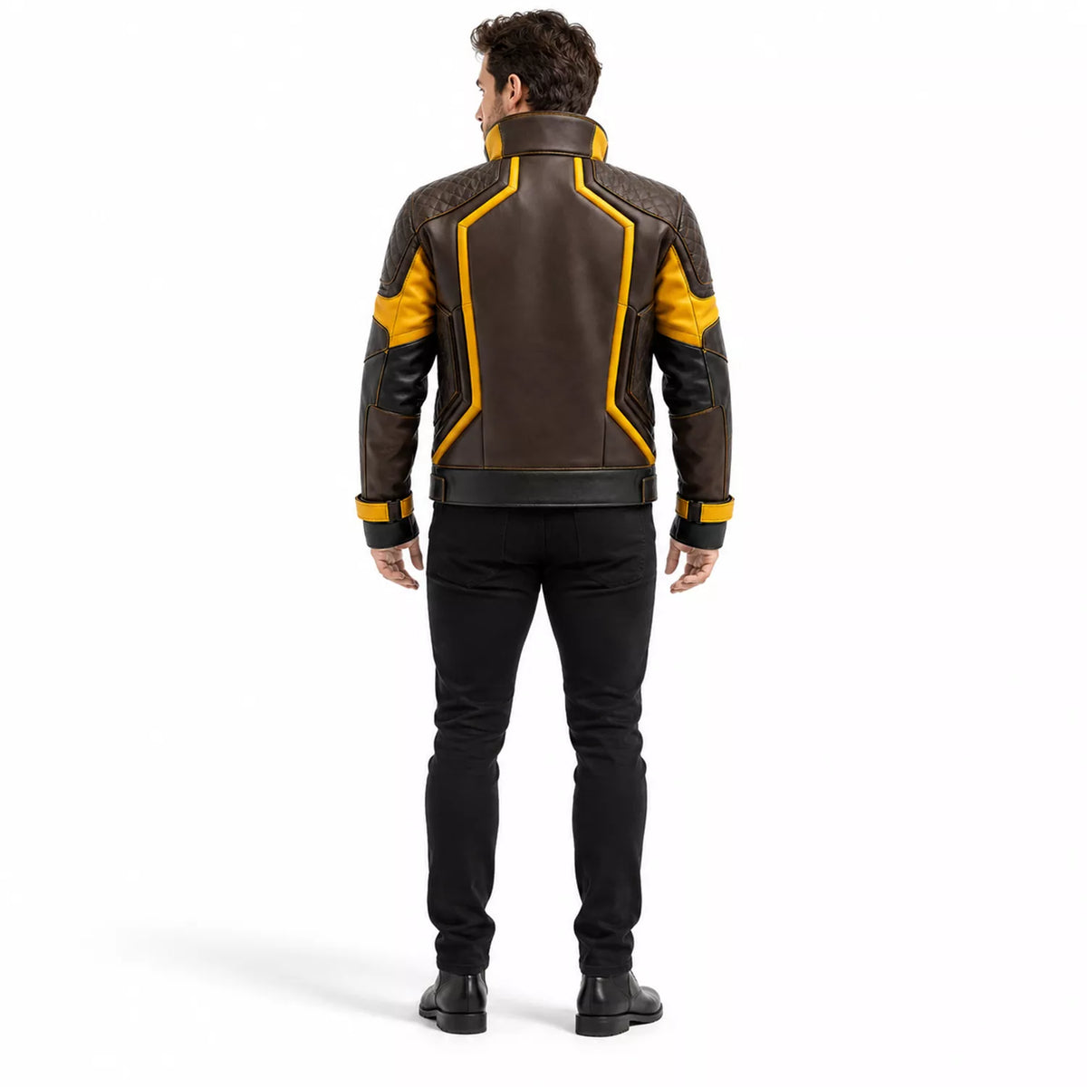 Men’s Brown Yellow Leather Moto Jacket | High Collar Biker Style Jacket
