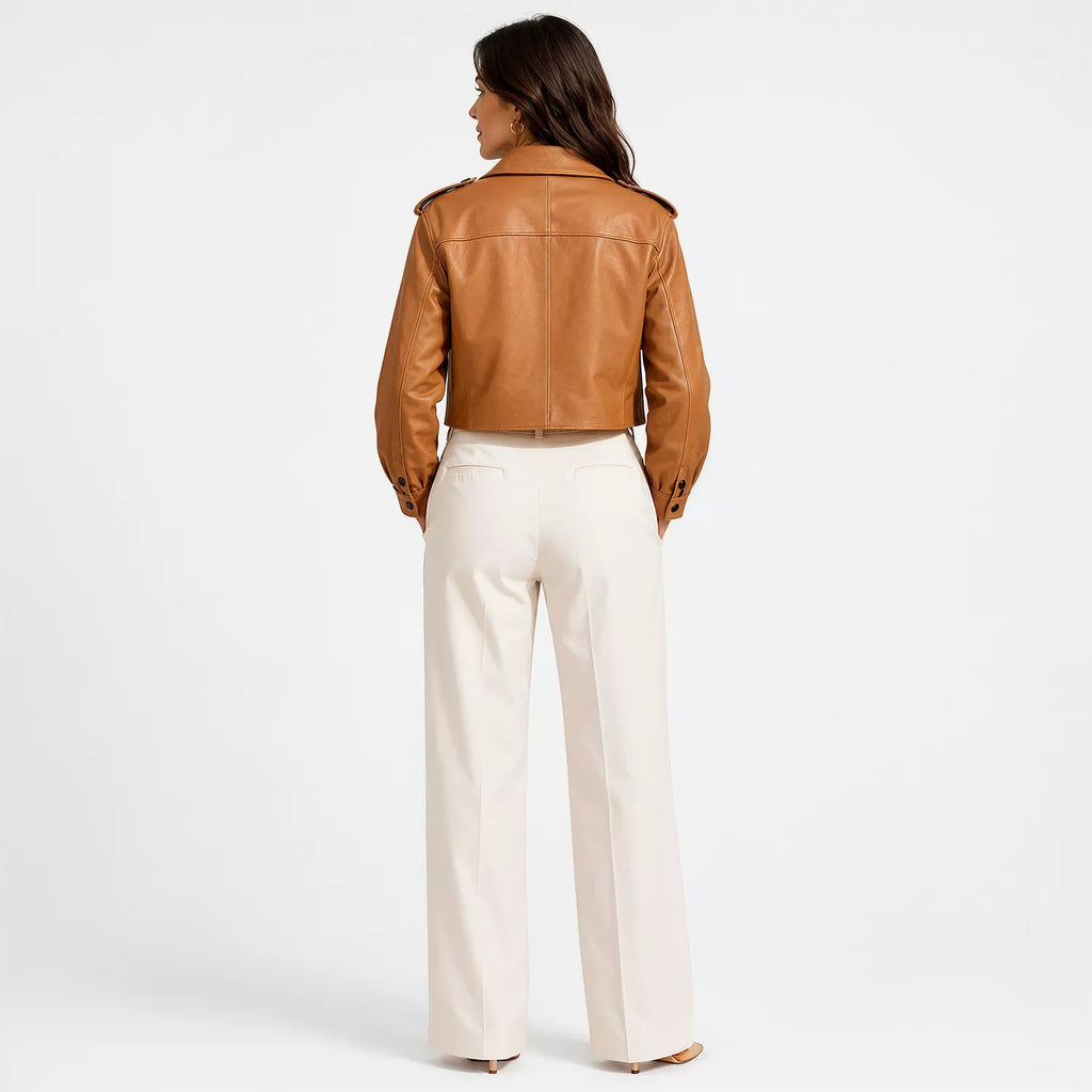 Women’s Tan Cropped Leather Biker Jacket | Asymmetric Moto Style Jacket