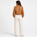 Women’s Tan Cropped Leather Biker Jacket | Asymmetric Moto Style Jacket