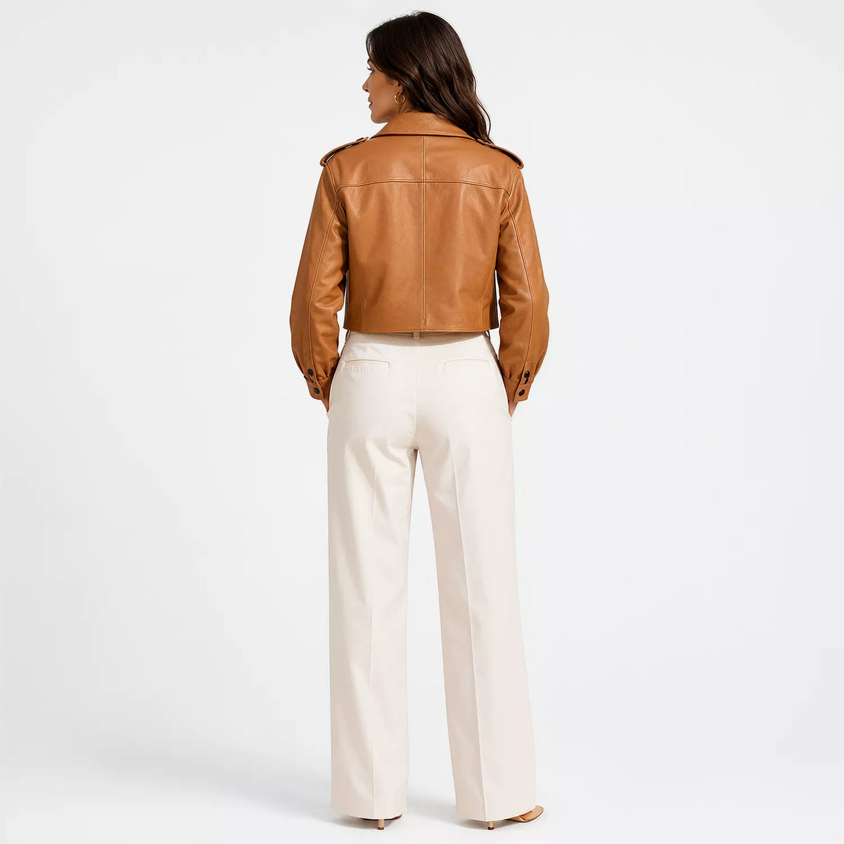 Women’s Tan Cropped Leather Biker Jacket | Asymmetric Moto Style Jacket