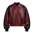 Men’s Burgundy Black Leather Bomber Jacket | Zip-Up Contrast Panel Jacket